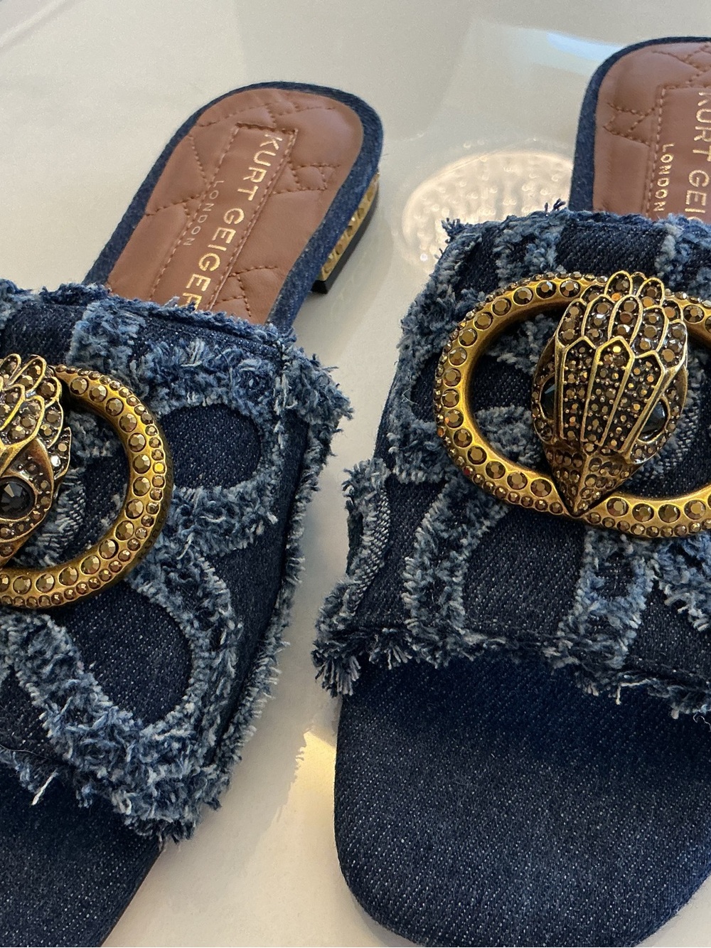 Kurt Geiger Distressed Denim Slide Mules with Gold Emblem - Picture 4 of 6